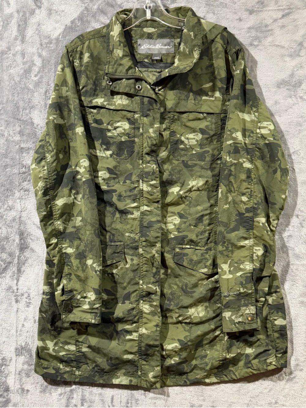 Eddie Bauer Green Camouflage Hooded Full Zip Hiking Parka Women's Size Large